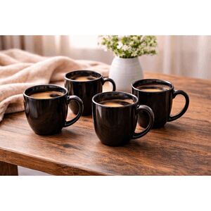 CORELLE Black Stoneware Mug Set of 4 Cup Coffee Tea 12 Oz Corning